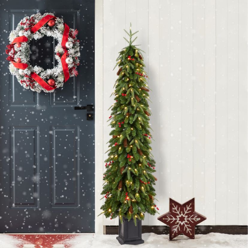 6ft Pre-lit Green Artificial Christmas Porch Tree with red berries,pinecones and 180 warm white lights,3 function w/Foot Pedal