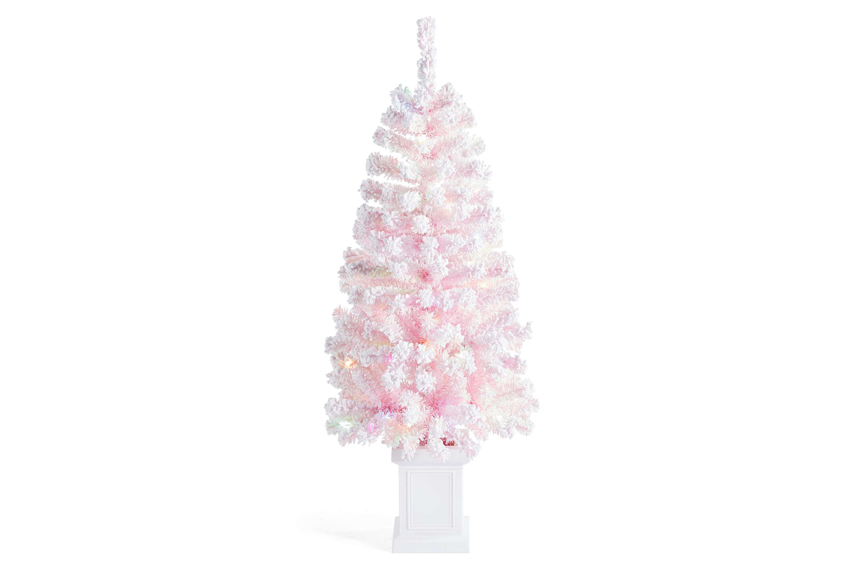 4ft Pre-Lit Flocked Pink Artificial Christmas Porch Tree with 100 warm white/multi-color LED Lights,8 function w/Foot Pedal