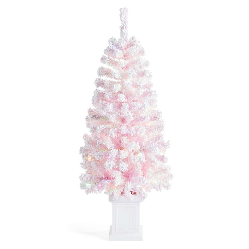 4ft Pre-Lit Flocked Pink Artificial Christmas Porch Tree with 100 warm white/multi-color LED Lights,8 function w/Foot Pedal