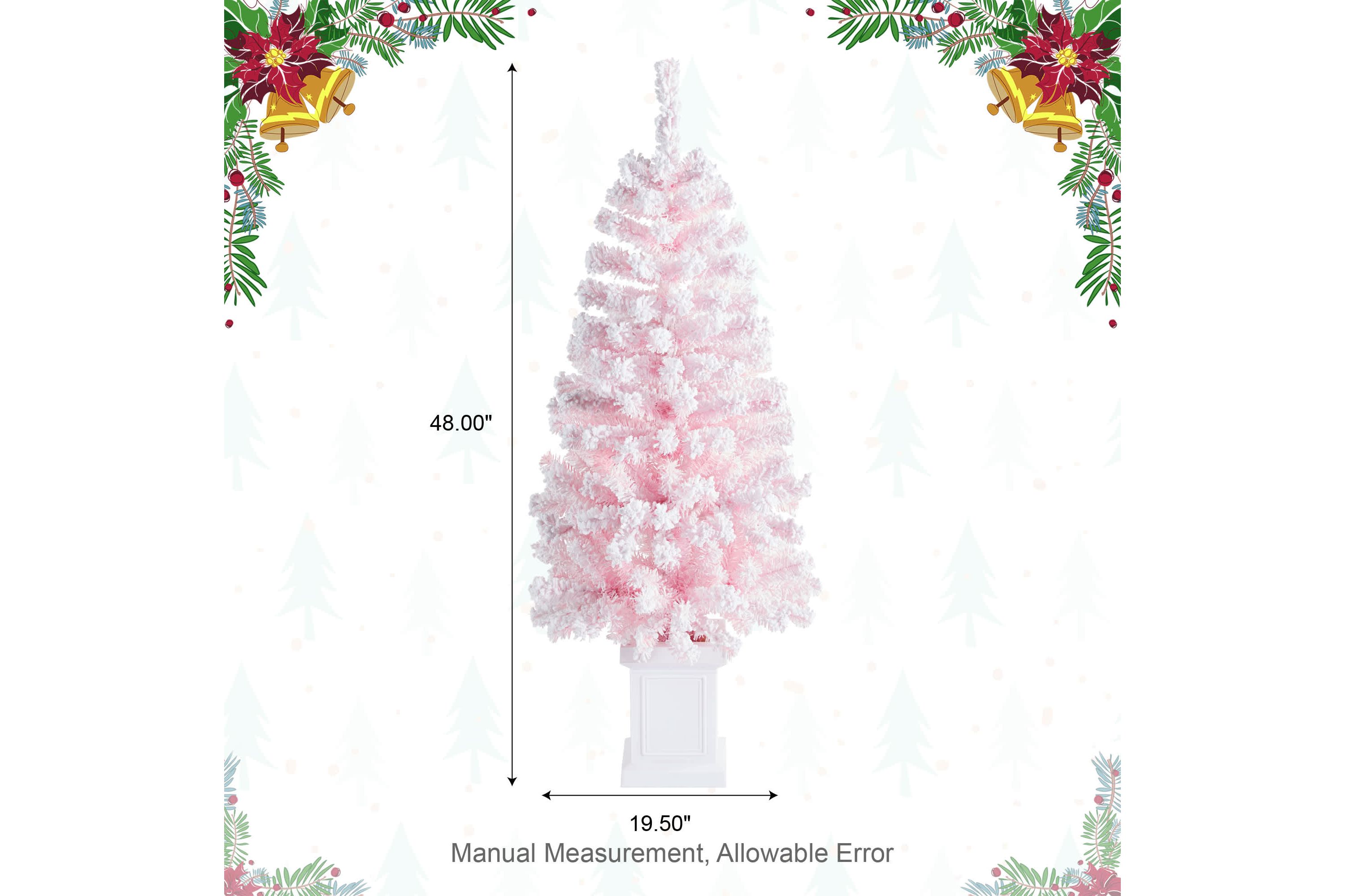 4ft Pre-Lit Flocked Pink Artificial Christmas Porch Tree with 100 warm white/multi-color LED Lights,8 function w/Foot Pedal