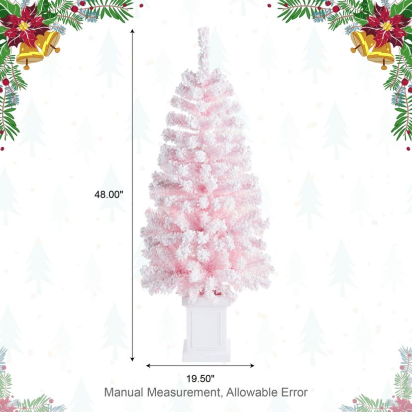 4ft Pre-Lit Flocked Pink Artificial Christmas Porch Tree with 100 warm white/multi-color LED Lights,8 function w/Foot Pedal