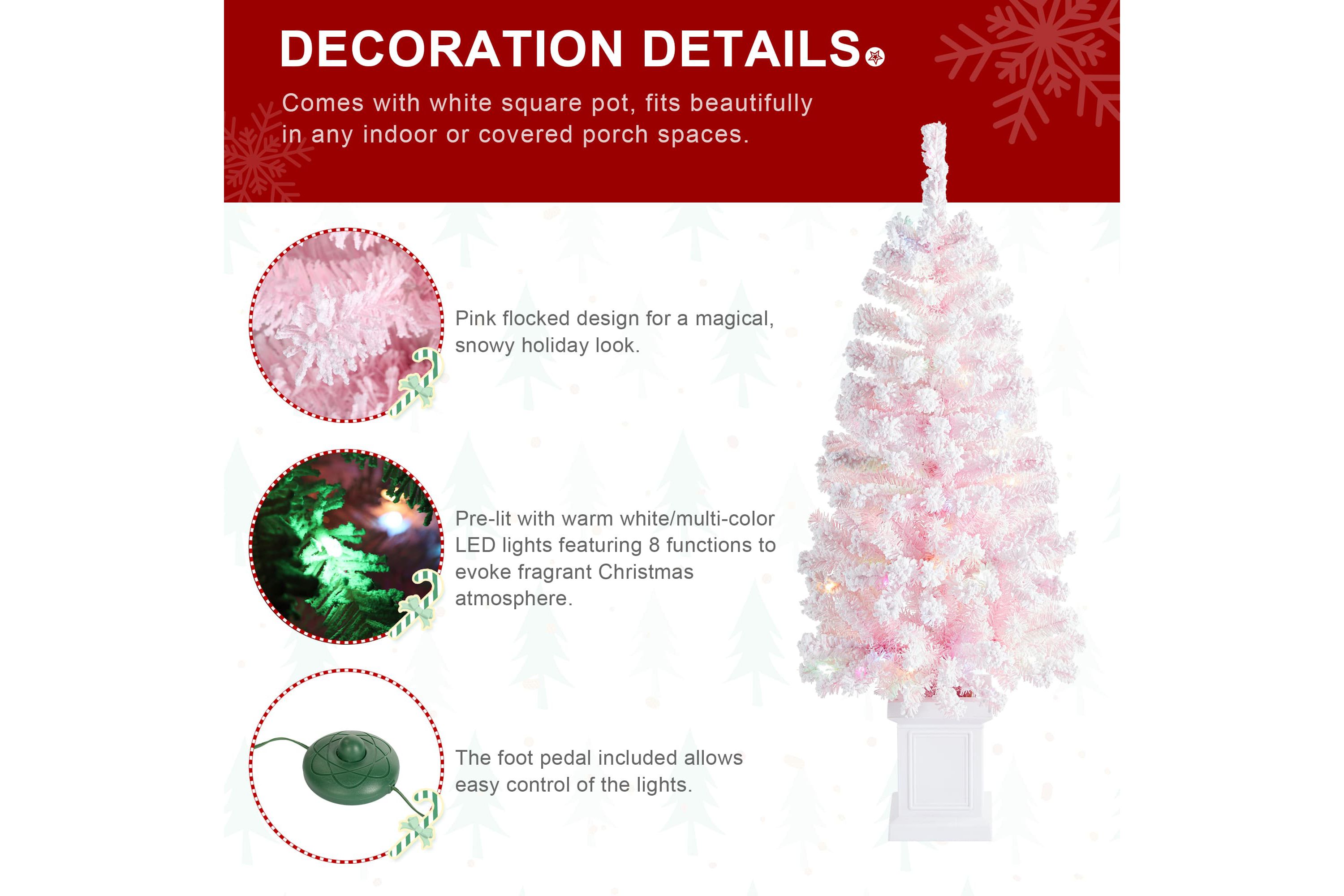 4ft Pre-Lit Flocked Pink Artificial Christmas Porch Tree with 100 warm white/multi-color LED Lights,8 function w/Foot Pedal