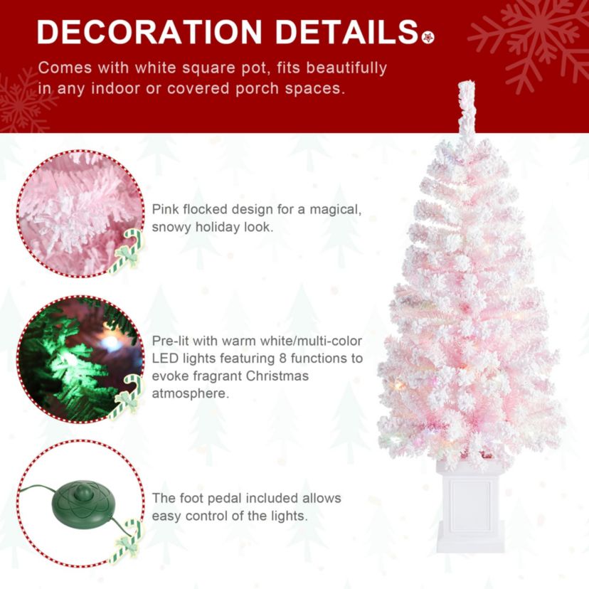 4ft Pre-Lit Flocked Pink Artificial Christmas Porch Tree with 100 warm white/multi-color LED Lights,8 function w/Foot Pedal