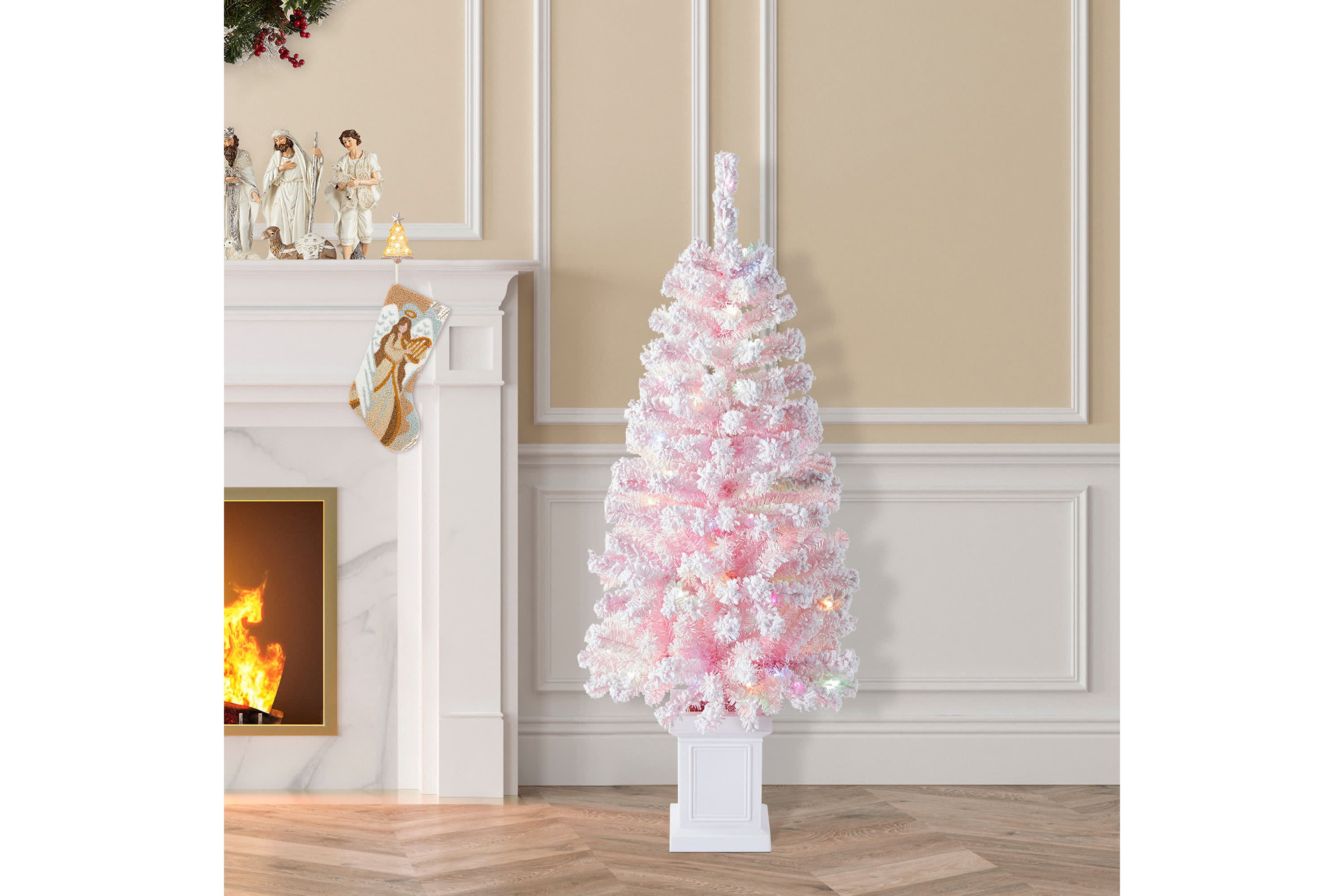 4ft Pre-Lit Flocked Pink Artificial Christmas Porch Tree with 100 warm white/multi-color LED Lights,8 function w/Foot Pedal