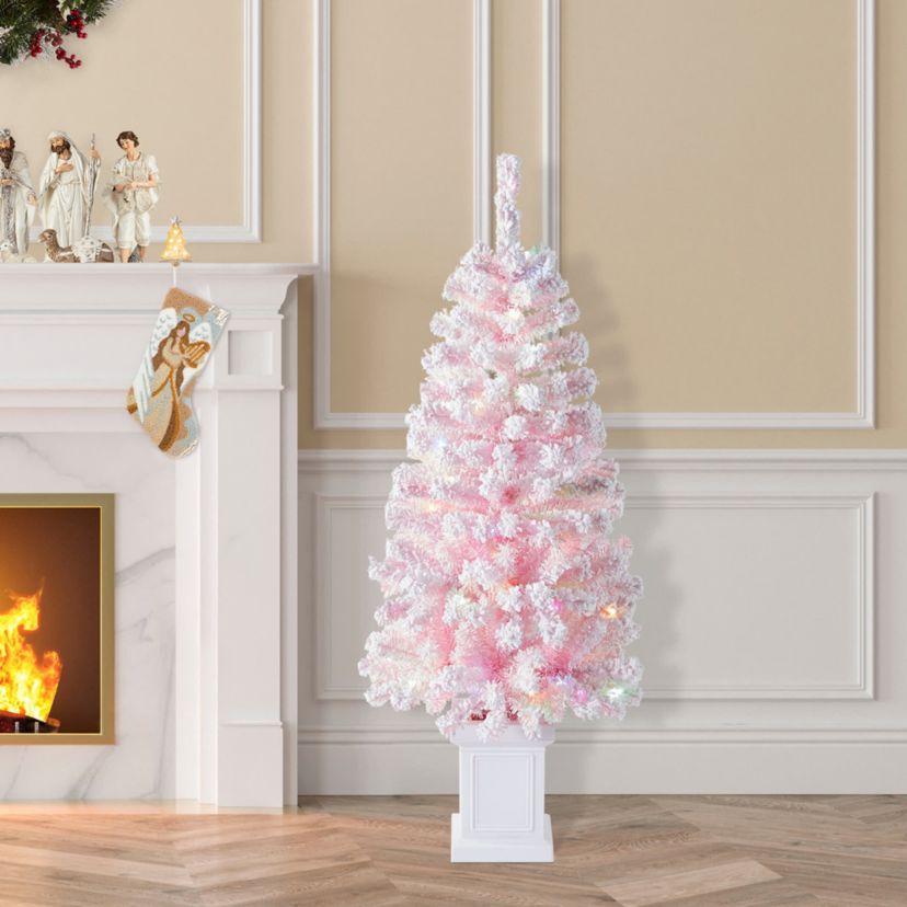 4ft Pre-Lit Flocked Pink Artificial Christmas Porch Tree with 100 warm white/multi-color LED Lights,8 function w/Foot Pedal