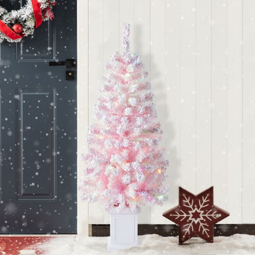 4ft Pre-Lit Flocked Pink Artificial Christmas Porch Tree with 100 warm white/multi-color LED Lights,8 function w/Foot Pedal