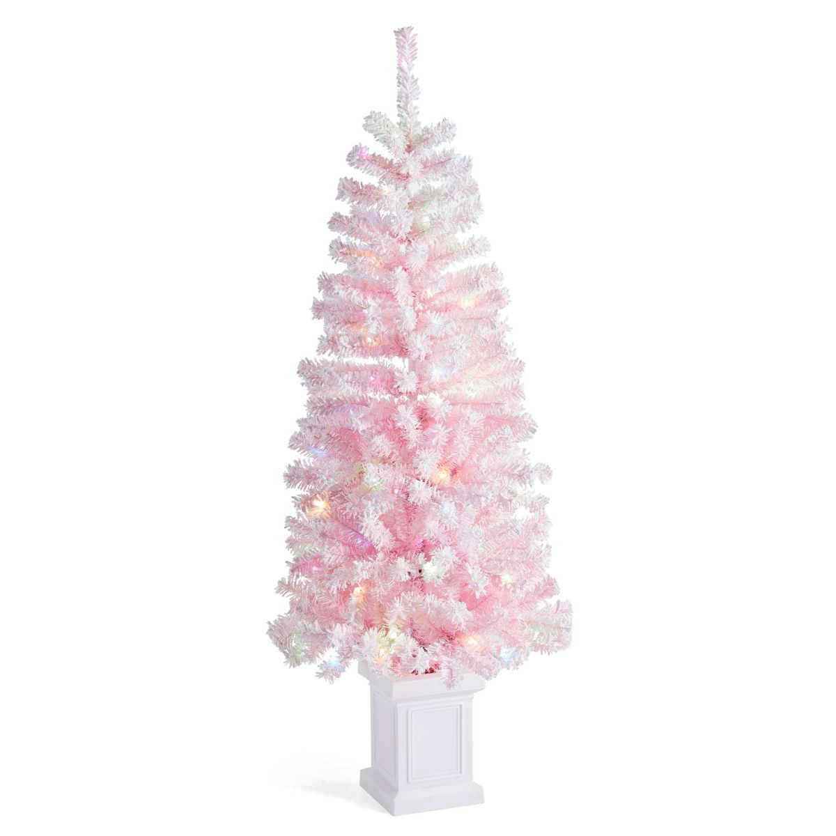 5ft Pre-Lit Flocked Pink Artificial Christmas Porch Tree with 130 warm white/multi-color LED Lights,8 function w/Foot Pedal