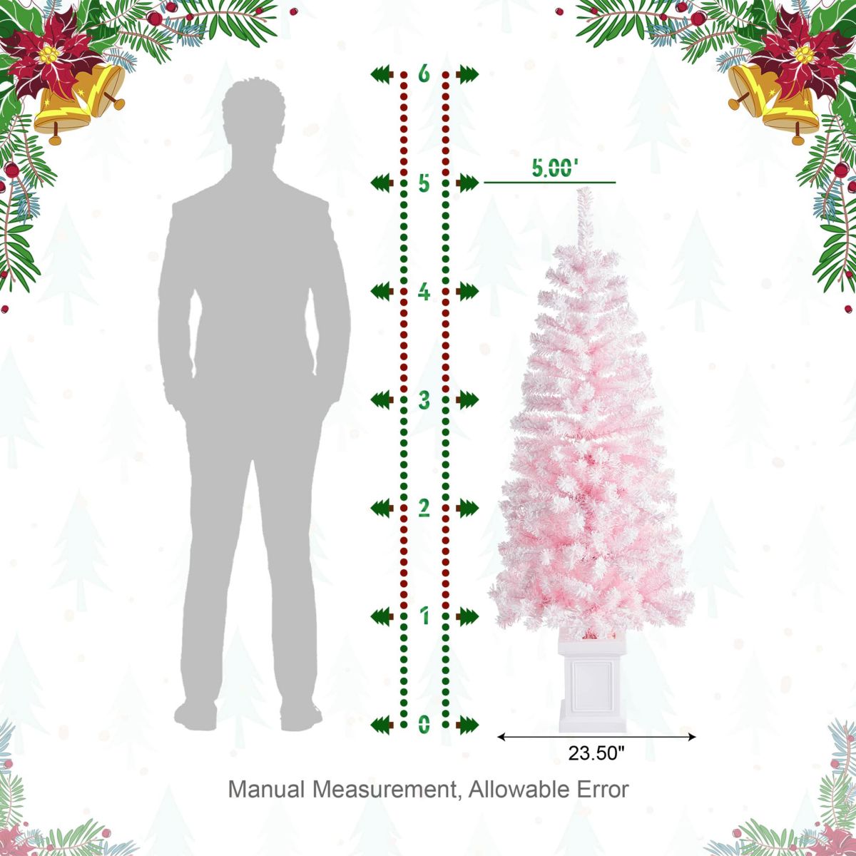 5ft Pre-Lit Flocked Pink Artificial Christmas Porch Tree with 130 warm white/multi-color LED Lights,8 function w/Foot Pedal