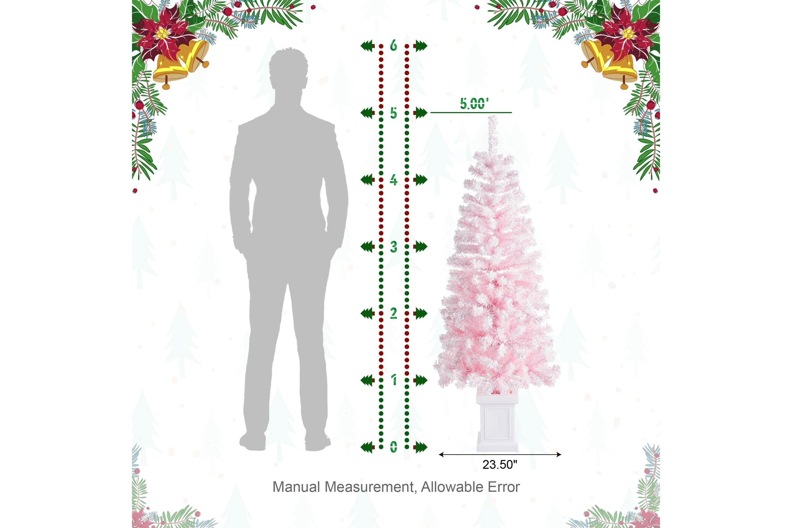 5ft Pre-Lit Flocked Pink Artificial Christmas Porch Tree with 130 warm white/multi-color LED Lights,8 function w/Foot Pedal