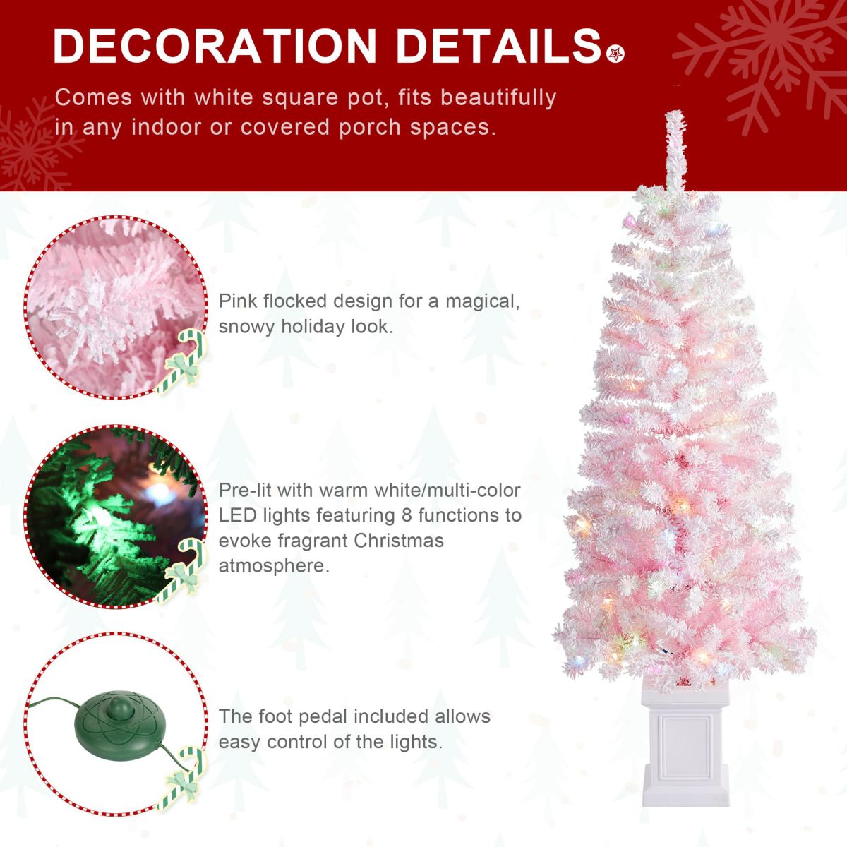5ft Pre-Lit Flocked Pink Artificial Christmas Porch Tree with 130 warm white/multi-color LED Lights,8 function w/Foot Pedal