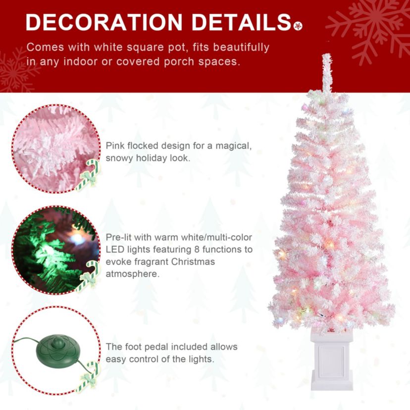 5ft Pre-Lit Flocked Pink Artificial Christmas Porch Tree with 130 warm white/multi-color LED Lights,8 function w/Foot Pedal