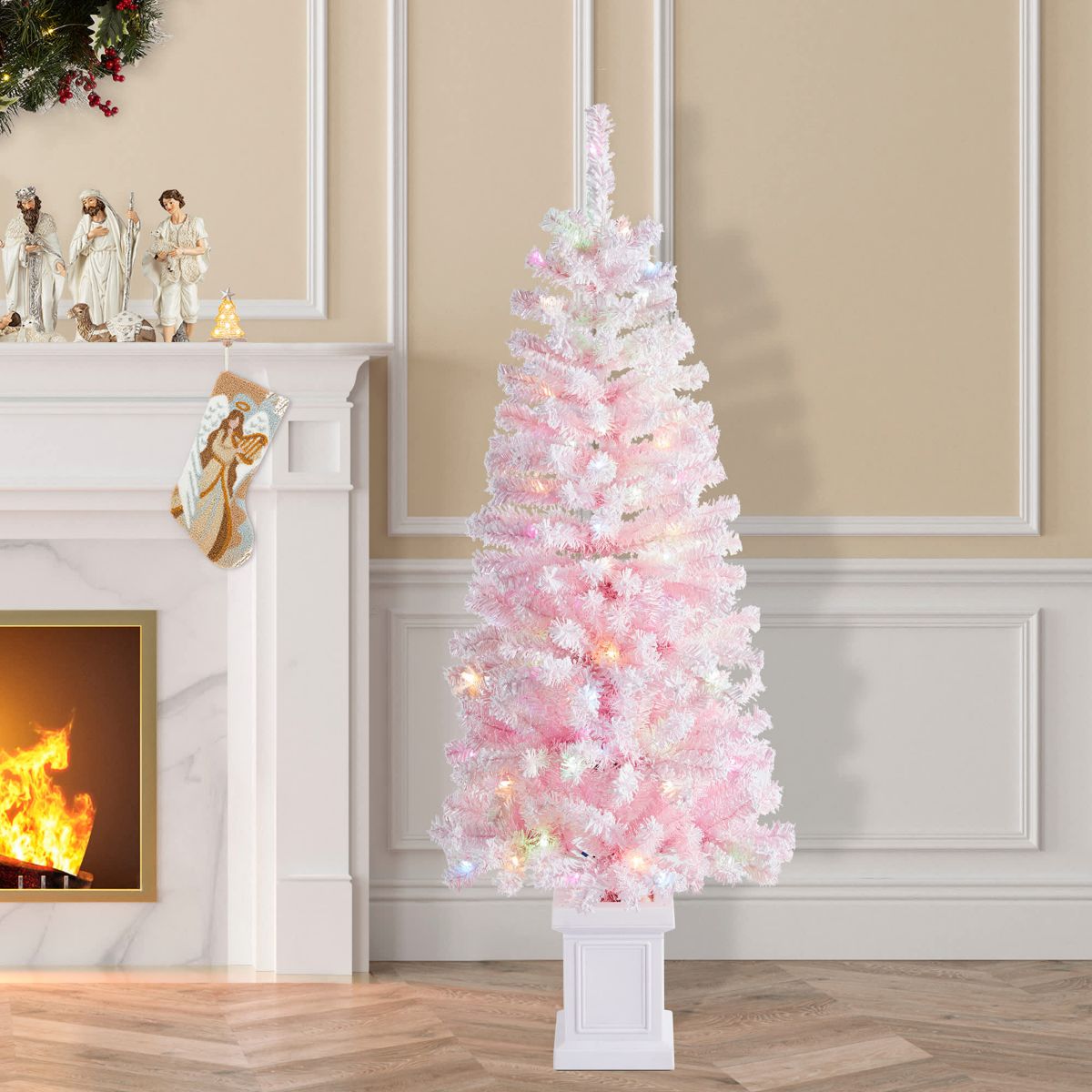 5ft Pre-Lit Flocked Pink Artificial Christmas Porch Tree with 130 warm white/multi-color LED Lights,8 function w/Foot Pedal
