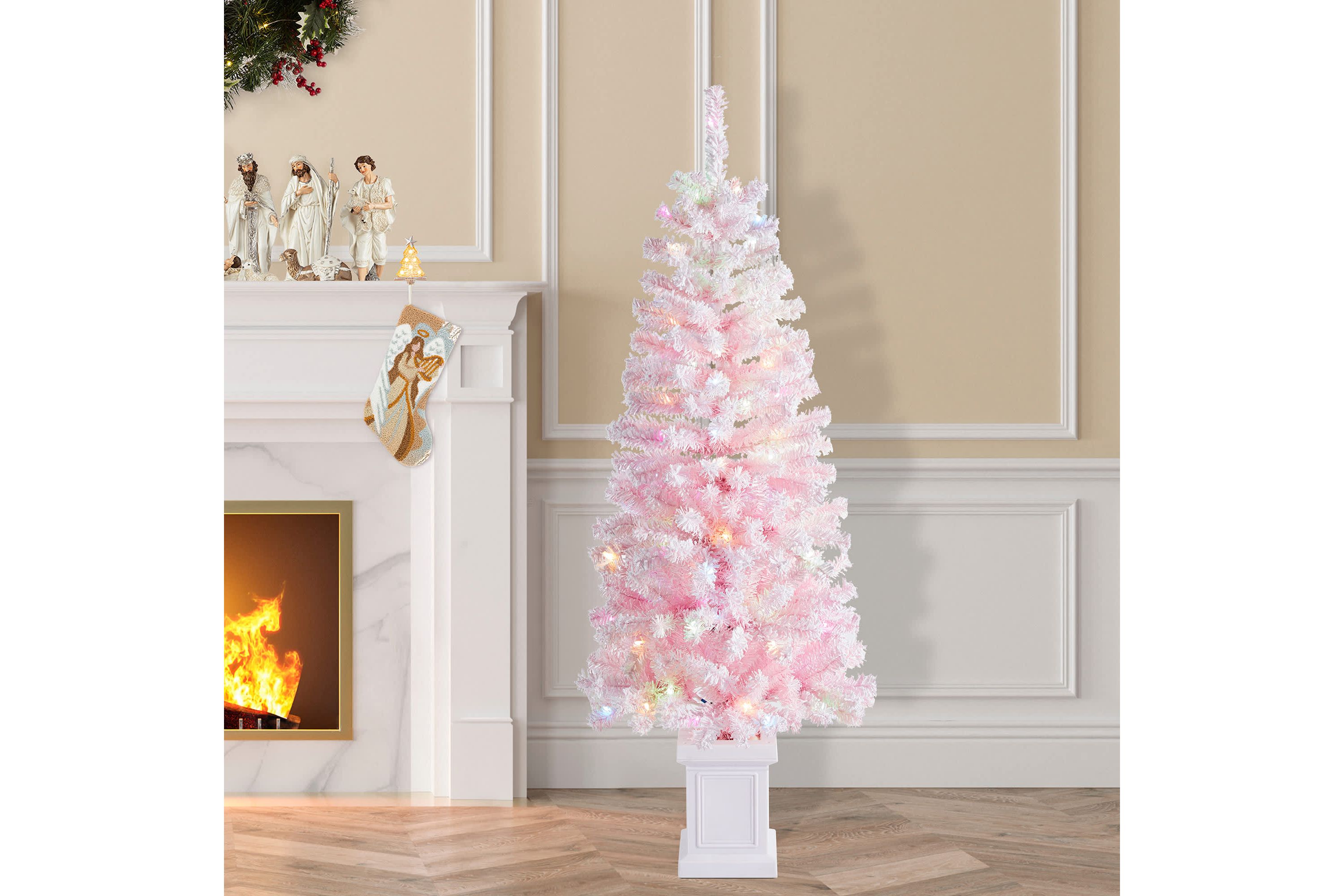 5ft Pre-Lit Flocked Pink Artificial Christmas Porch Tree with 130 warm white/multi-color LED Lights,8 function w/Foot Pedal