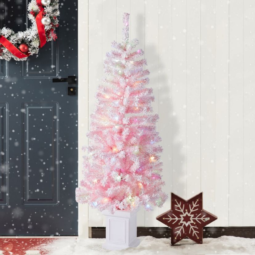 5ft Pre-Lit Flocked Pink Artificial Christmas Porch Tree with 130 warm white/multi-color LED Lights,8 function w/Foot Pedal