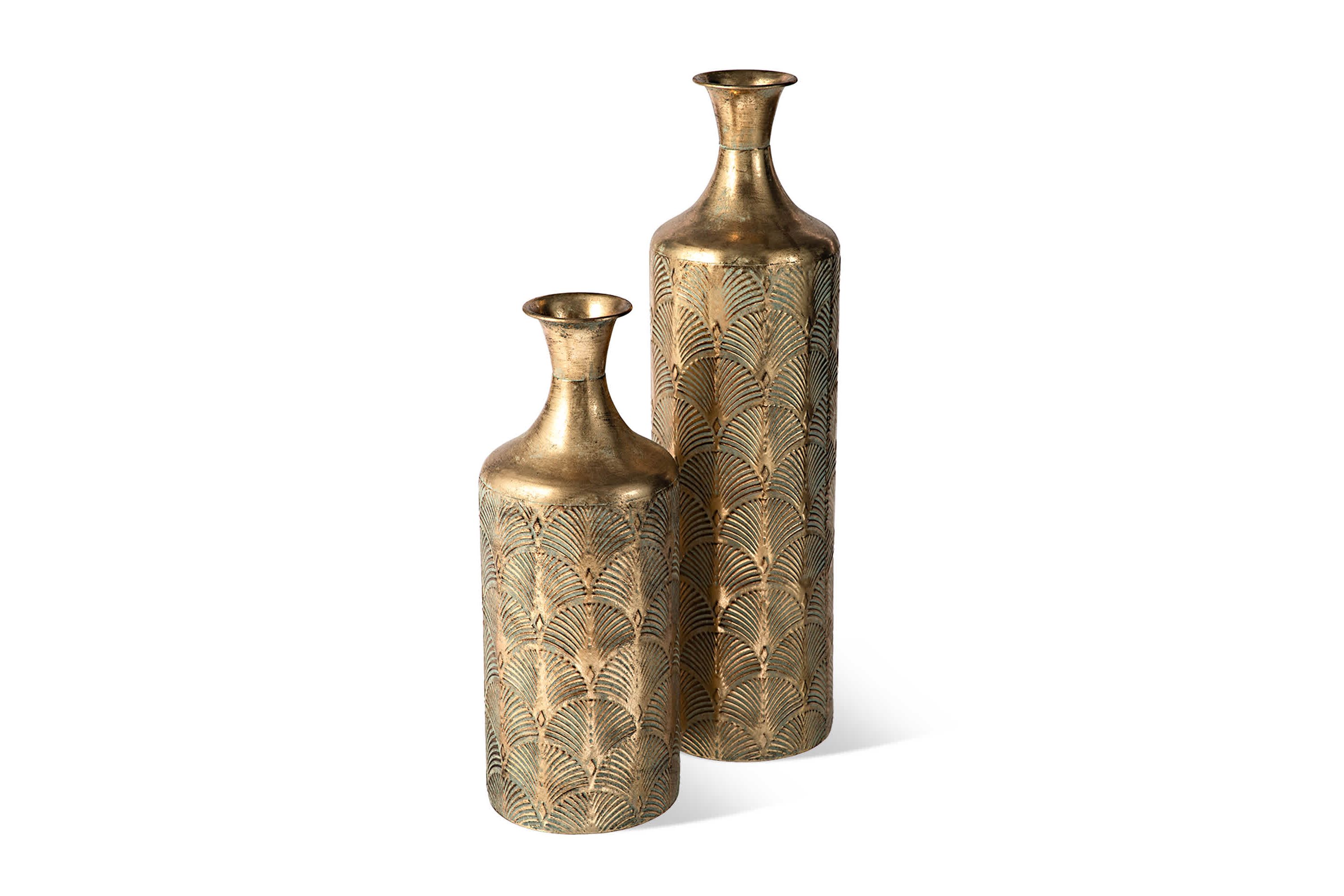 Set of 2 Metal Antique Gold Gingko Floor Vases