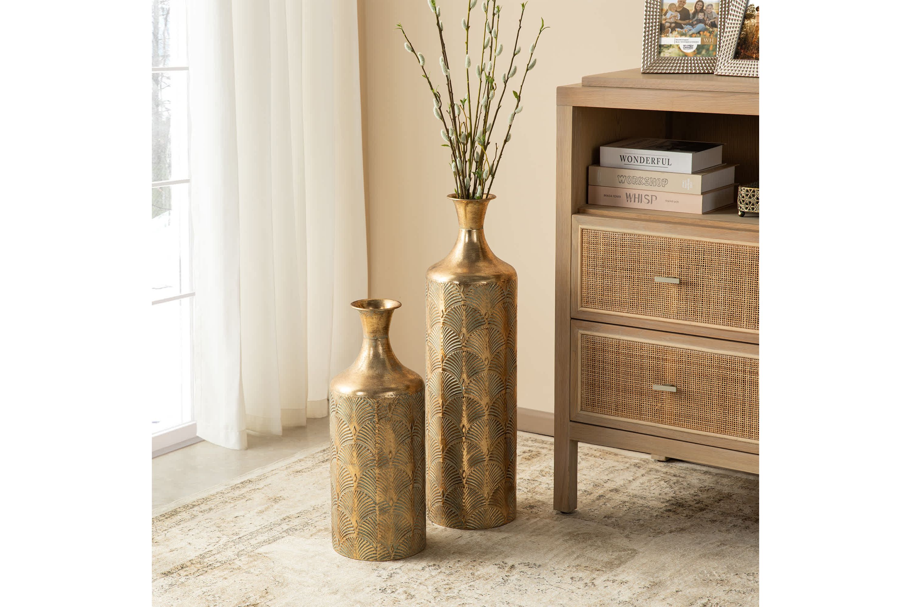 Set of 2 Metal Antique Gold Gingko Floor Vases