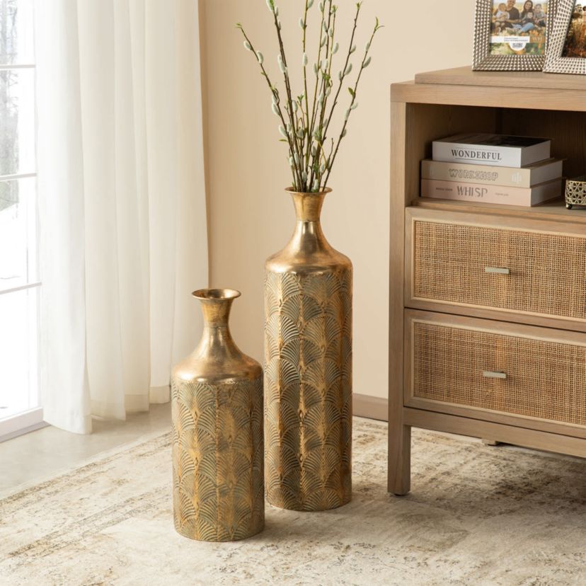 Set of 2 Metal Antique Gold Gingko Floor Vases