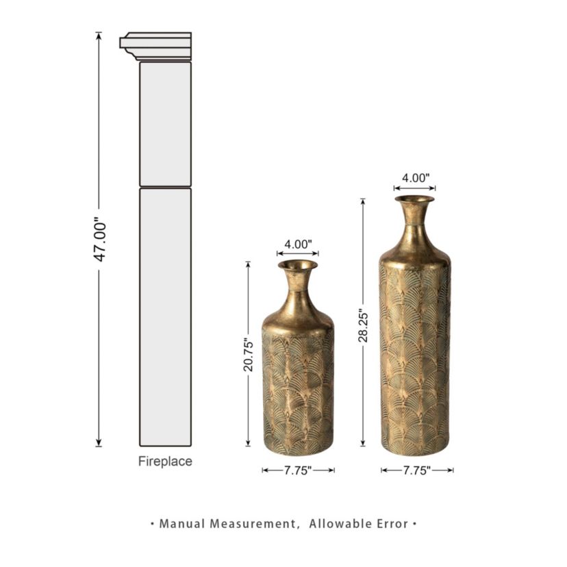 Set of 2 Metal Antique Gold Gingko Floor Vases