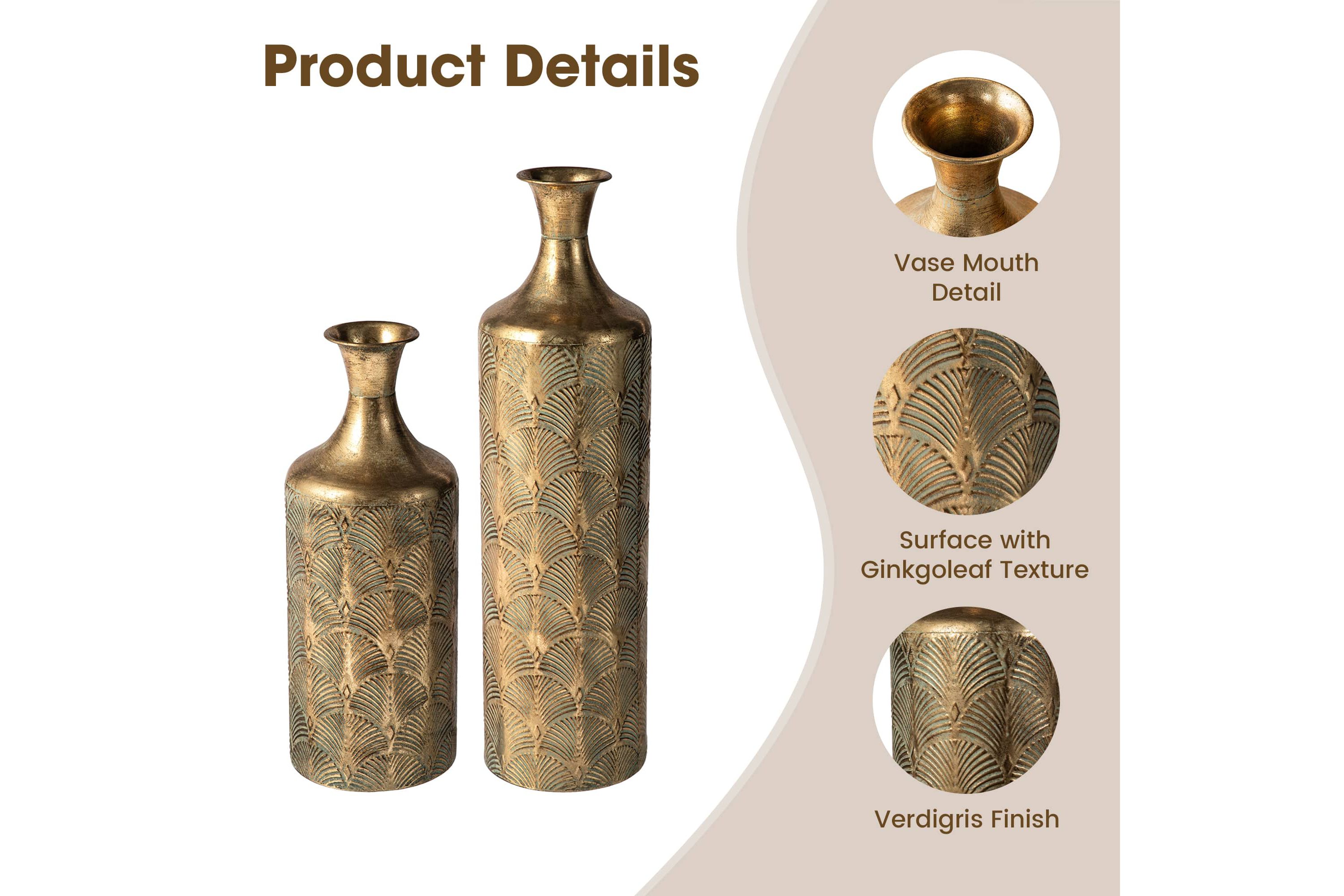 Set of 2 Metal Antique Gold Gingko Floor Vases