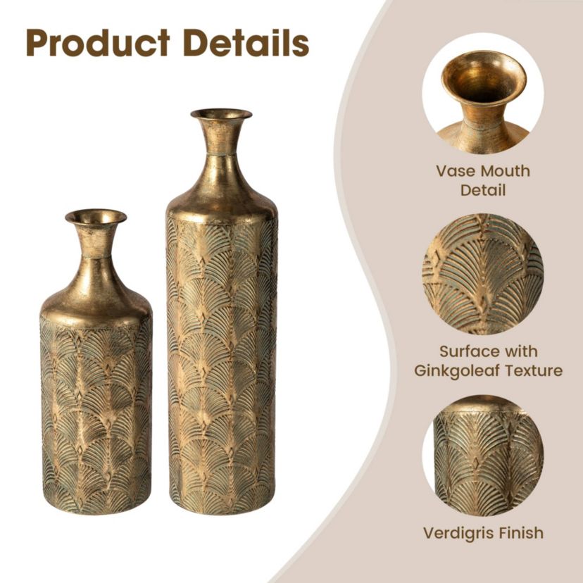 Set of 2 Metal Antique Gold Gingko Floor Vases