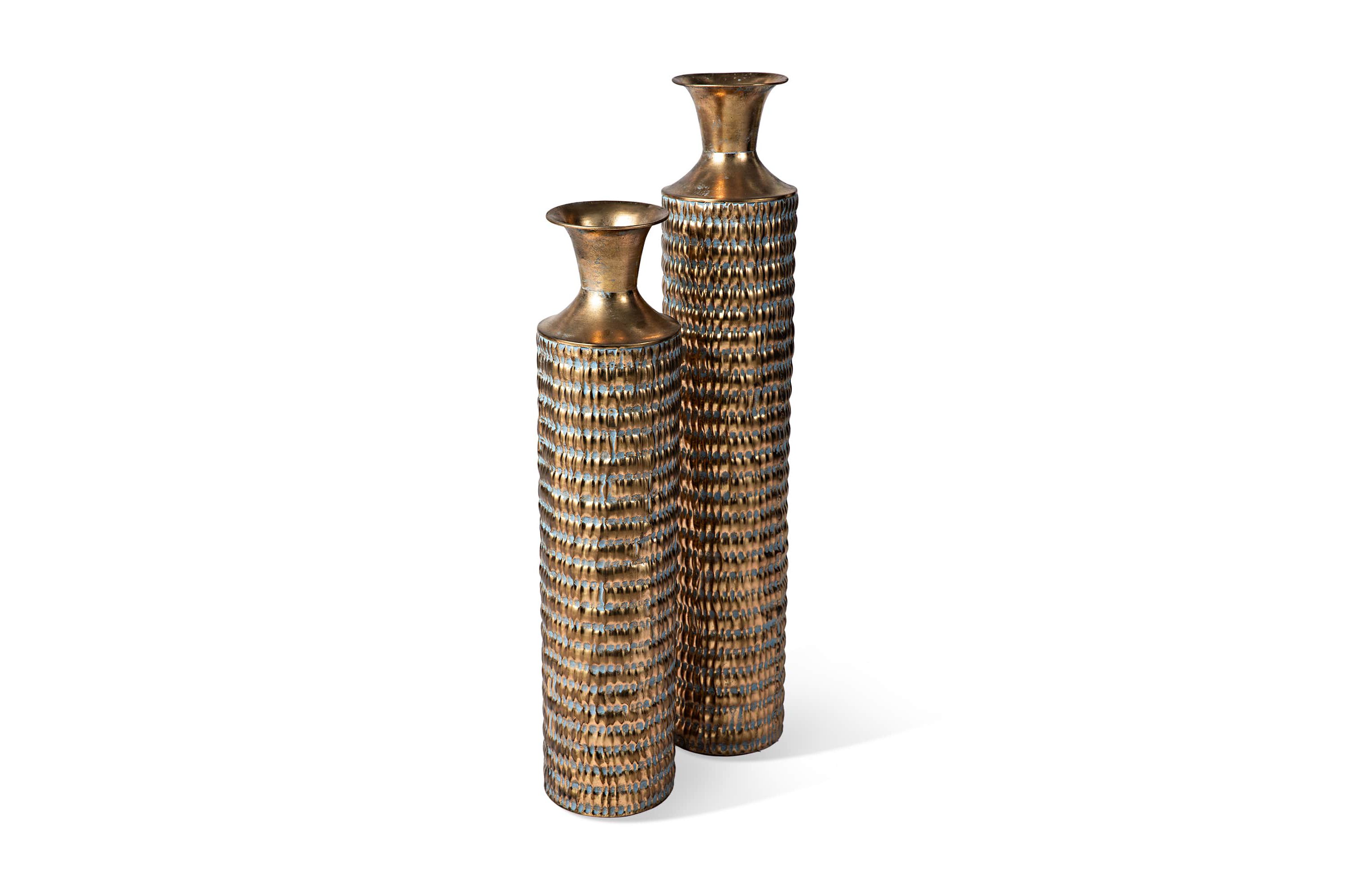 Set of 2 Metal Gold Embossed Floor Vases with Verdigris Finish