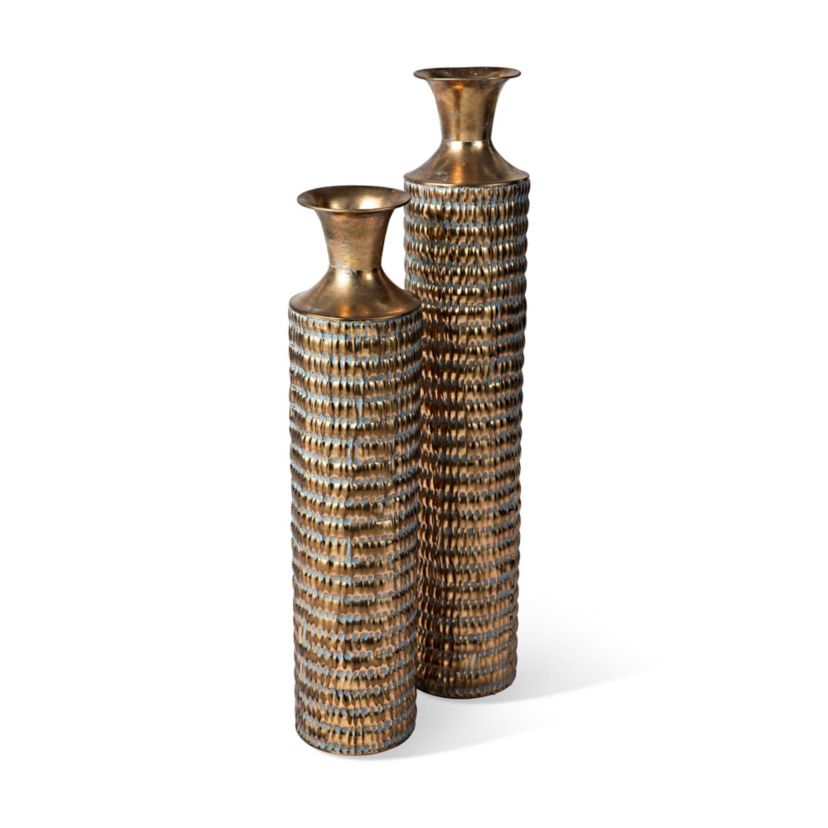 Set of 2 Metal Gold Embossed Floor Vases with Verdigris Finish