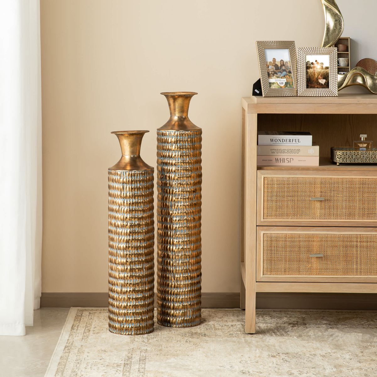 Set of 2 Metal Gold Embossed Floor Vases with Verdigris Finish