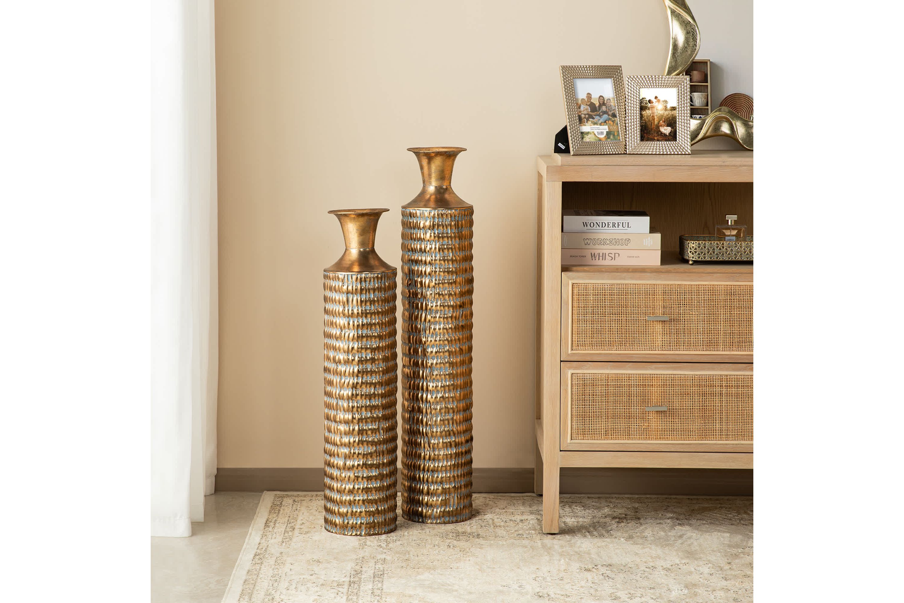 Set of 2 Metal Gold Embossed Floor Vases with Verdigris Finish
