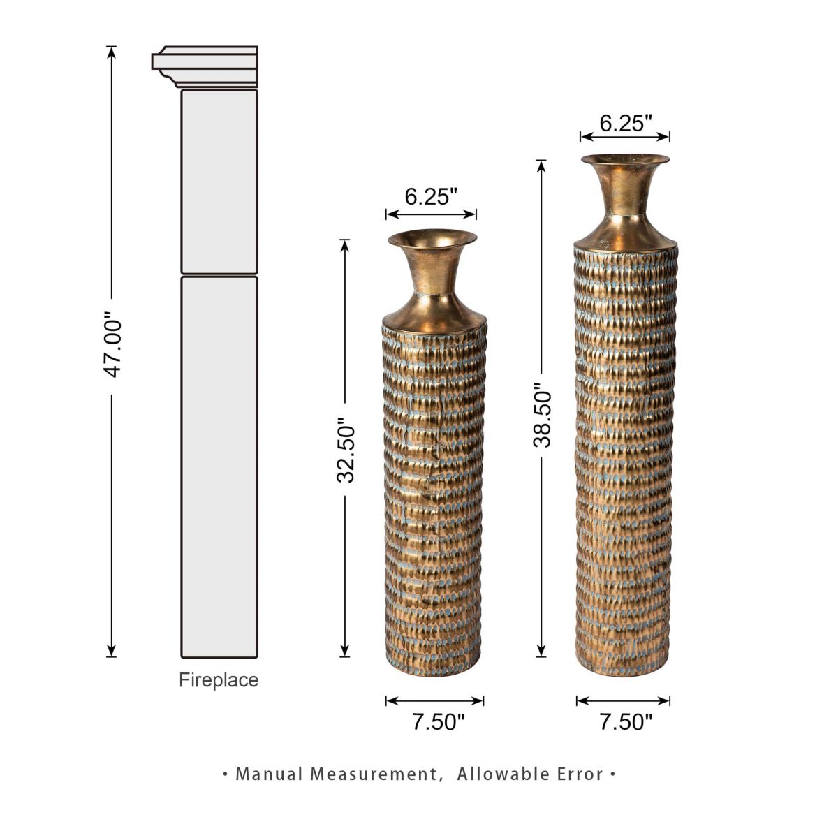 Set of 2 Metal Gold Embossed Floor Vases with Verdigris Finish