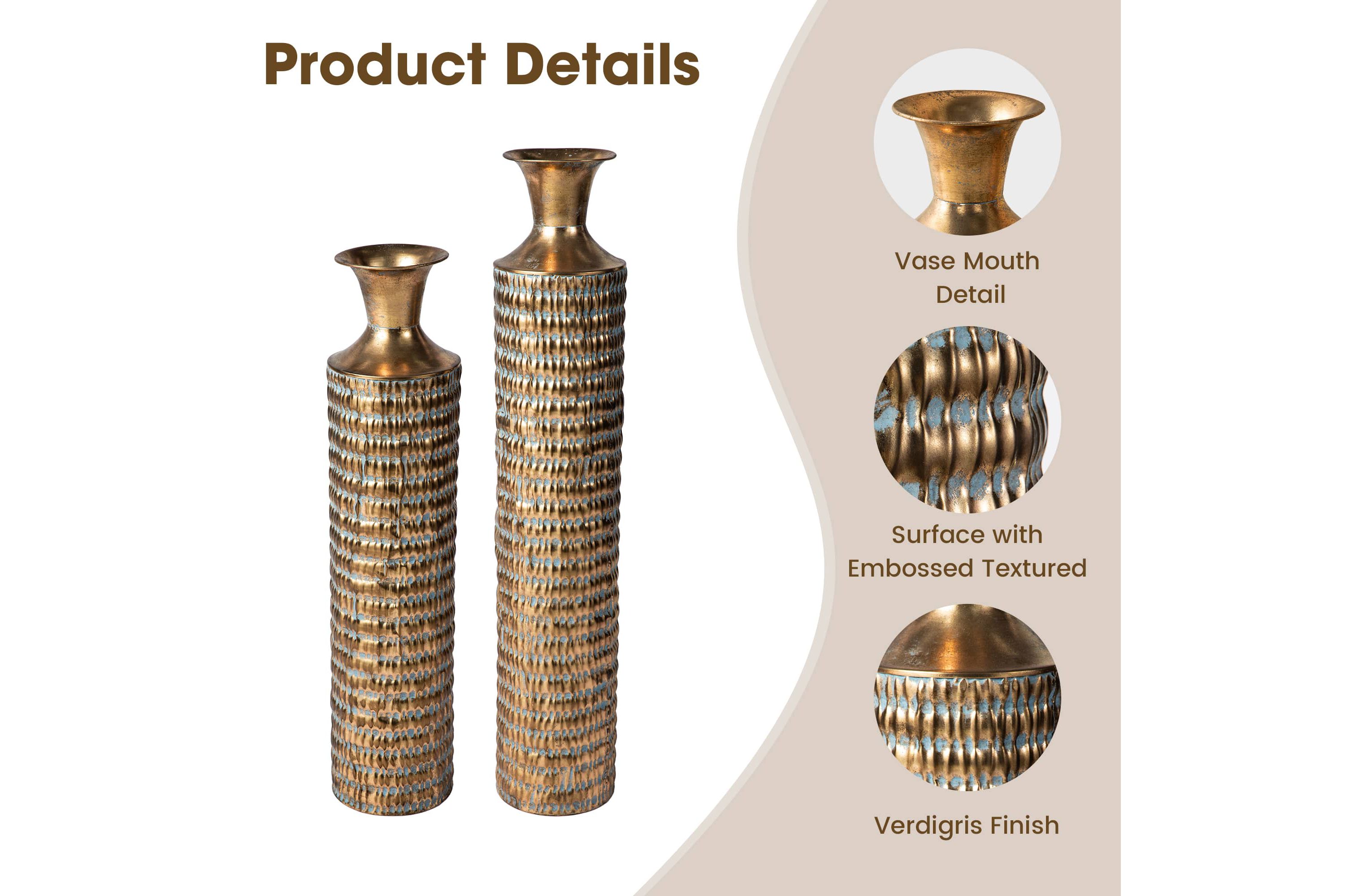 Set of 2 Metal Gold Embossed Floor Vases with Verdigris Finish