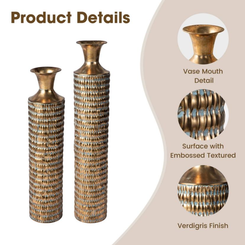 Set of 2 Metal Gold Embossed Floor Vases with Verdigris Finish