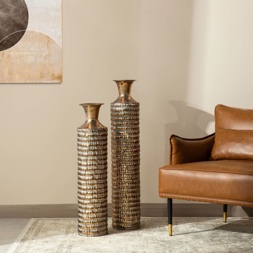 Set of 2 Metal Gold Embossed Floor Vases with Verdigris Finish