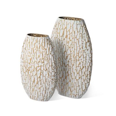 Glitzhome Set of 2 Metal Gold & White Oval Textured Floor Vases