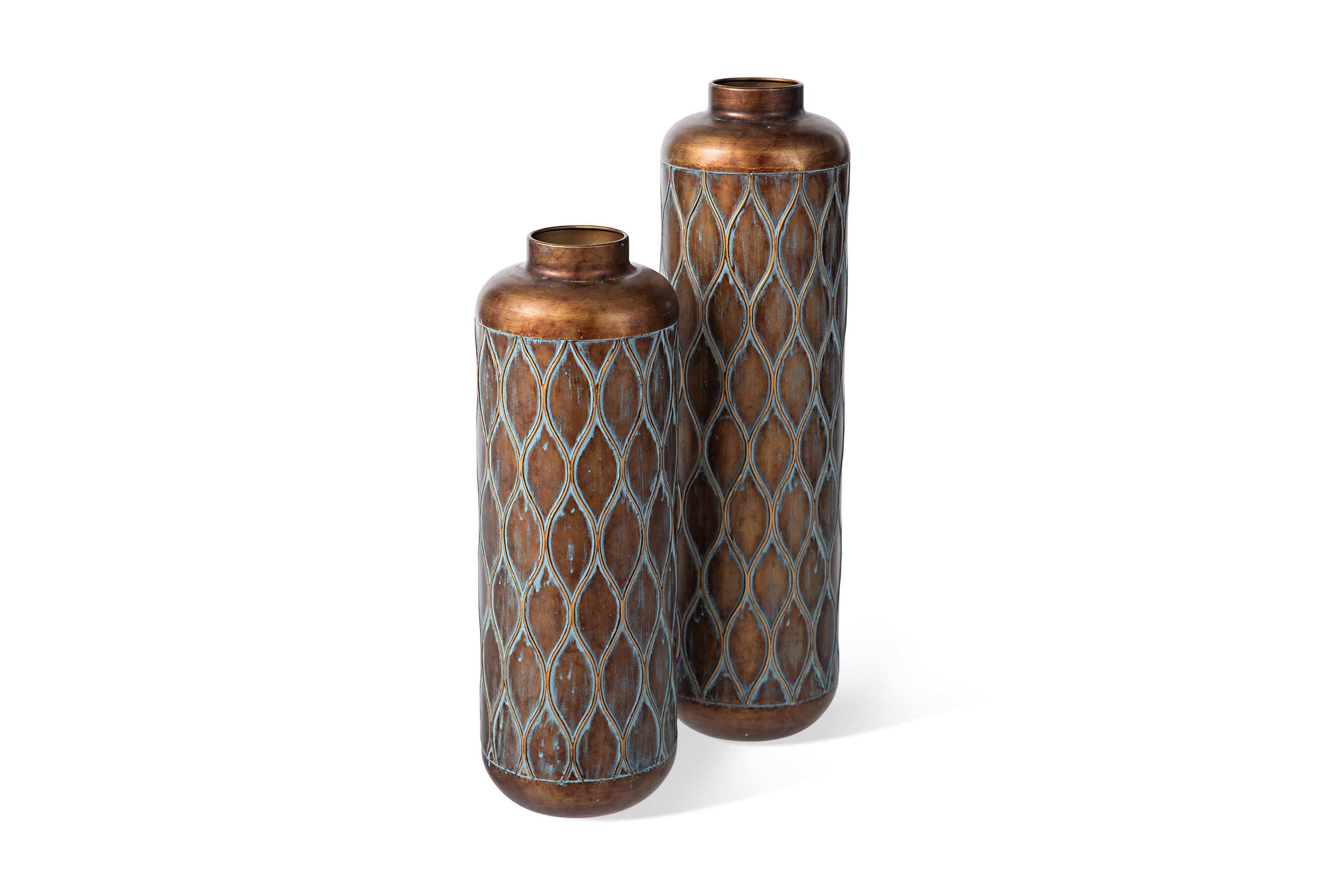 Set of 2 Metal Antique Gold Cylinder Floor Vases With Verdigris Finish