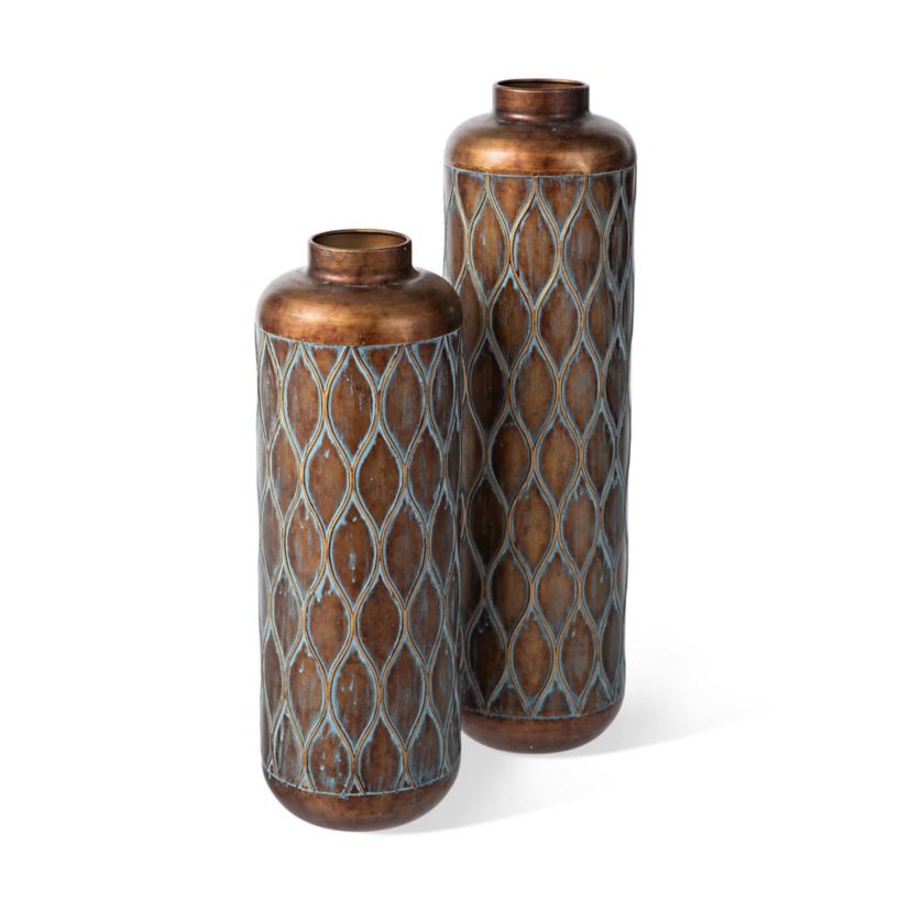 Set of 2 Metal Antique Gold Cylinder Floor Vases With Verdigris Finish