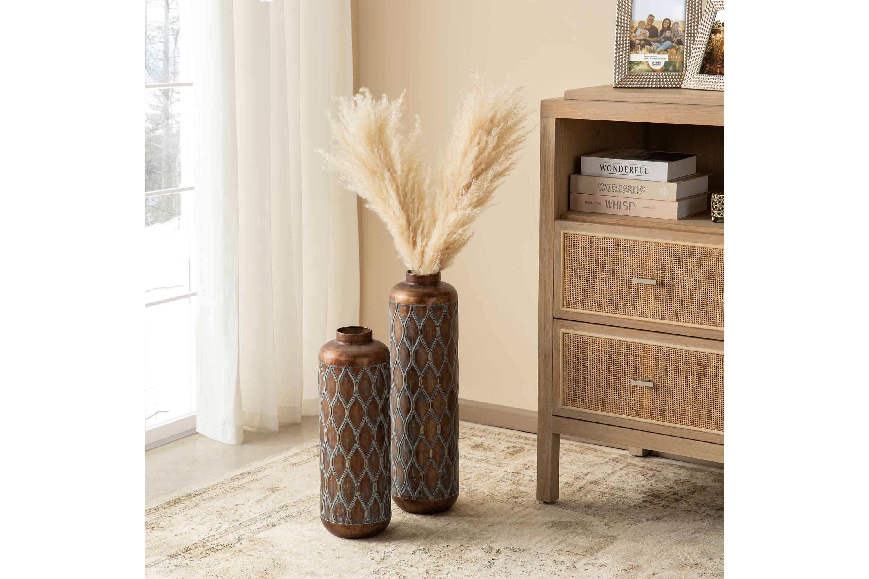 Set of 2 Metal Antique Gold Cylinder Floor Vases With Verdigris Finish