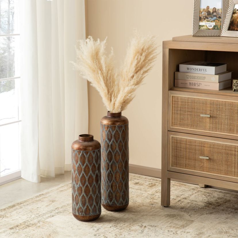 Set of 2 Metal Antique Gold Cylinder Floor Vases With Verdigris Finish