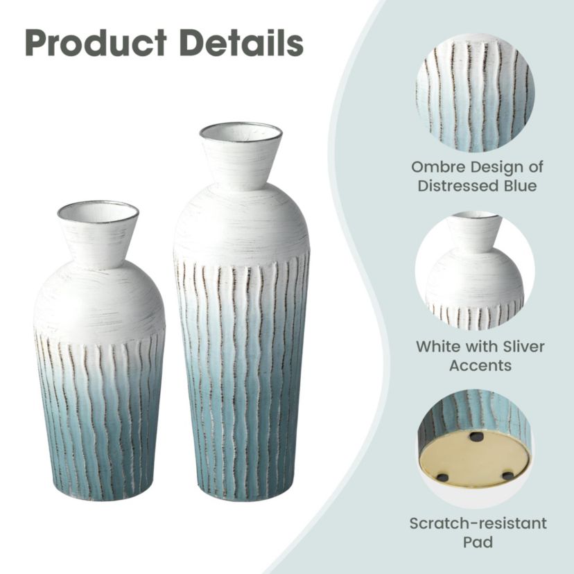 Set of 2 Abstract Ombre Aqua Metal Vases