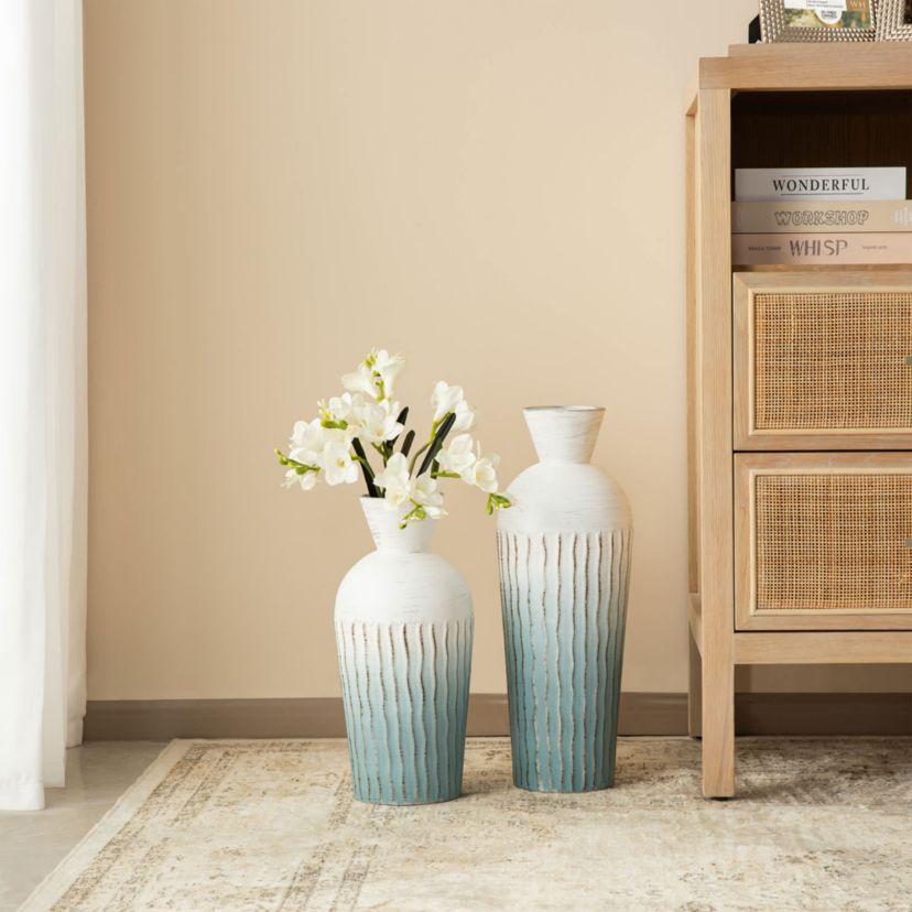 Set of 2 Abstract Ombre Aqua Metal Vases