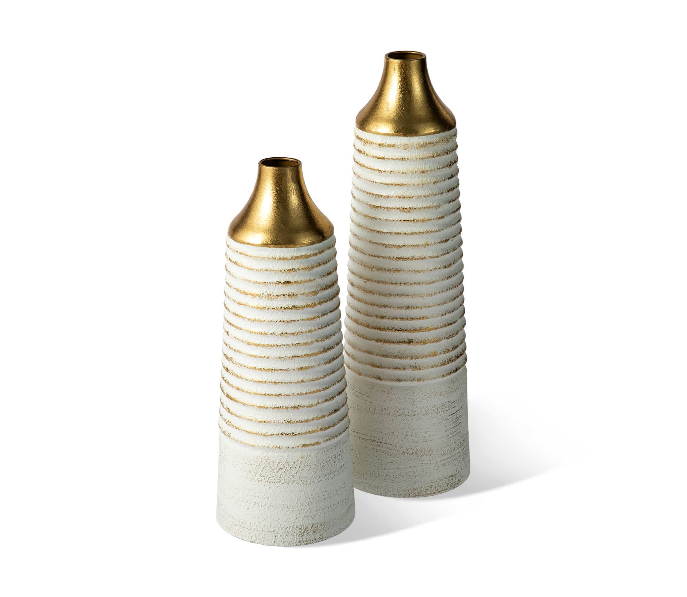Set of 2 Modern White & Gold Stripes Metal Vases