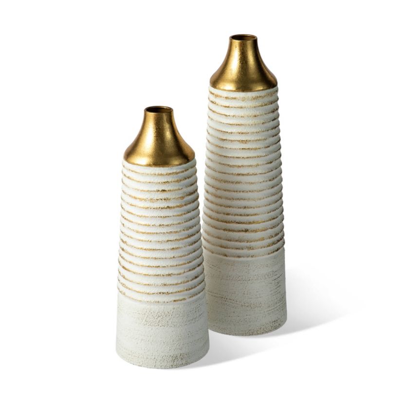 Set of 2 Modern White & Gold Stripes Metal Vases
