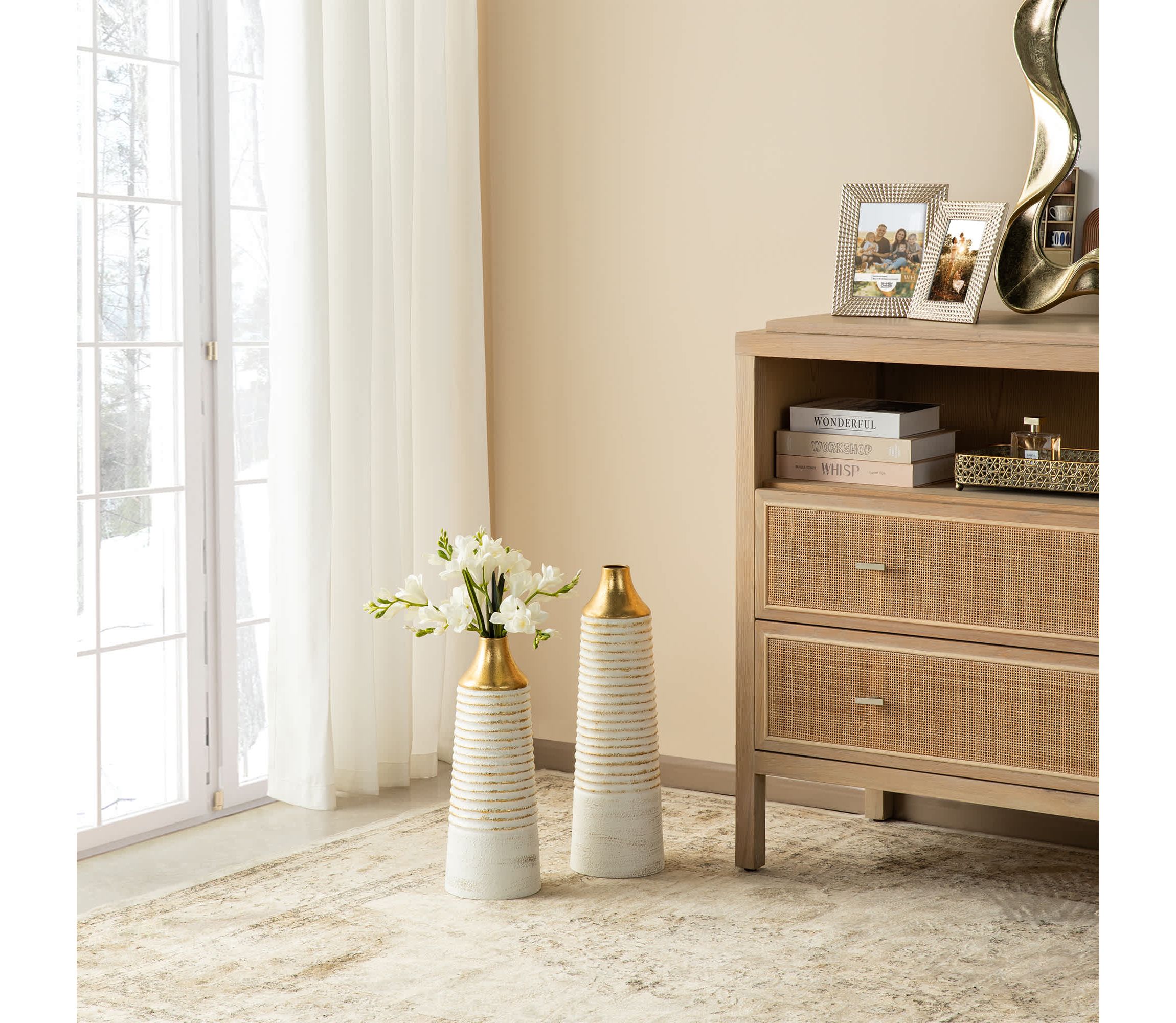 Set of 2 Modern White & Gold Stripes Metal Vases