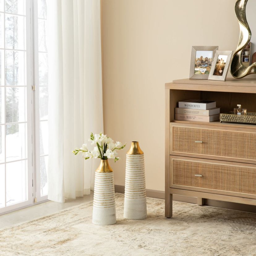 Set of 2 Modern White & Gold Stripes Metal Vases