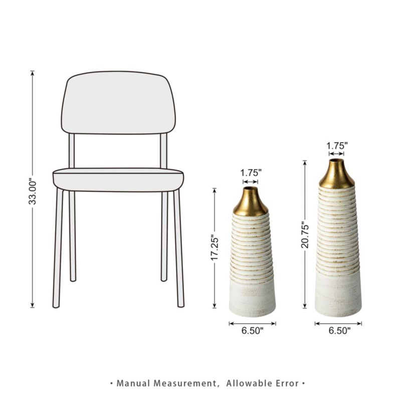 Set of 2 Modern White & Gold Stripes Metal Vases