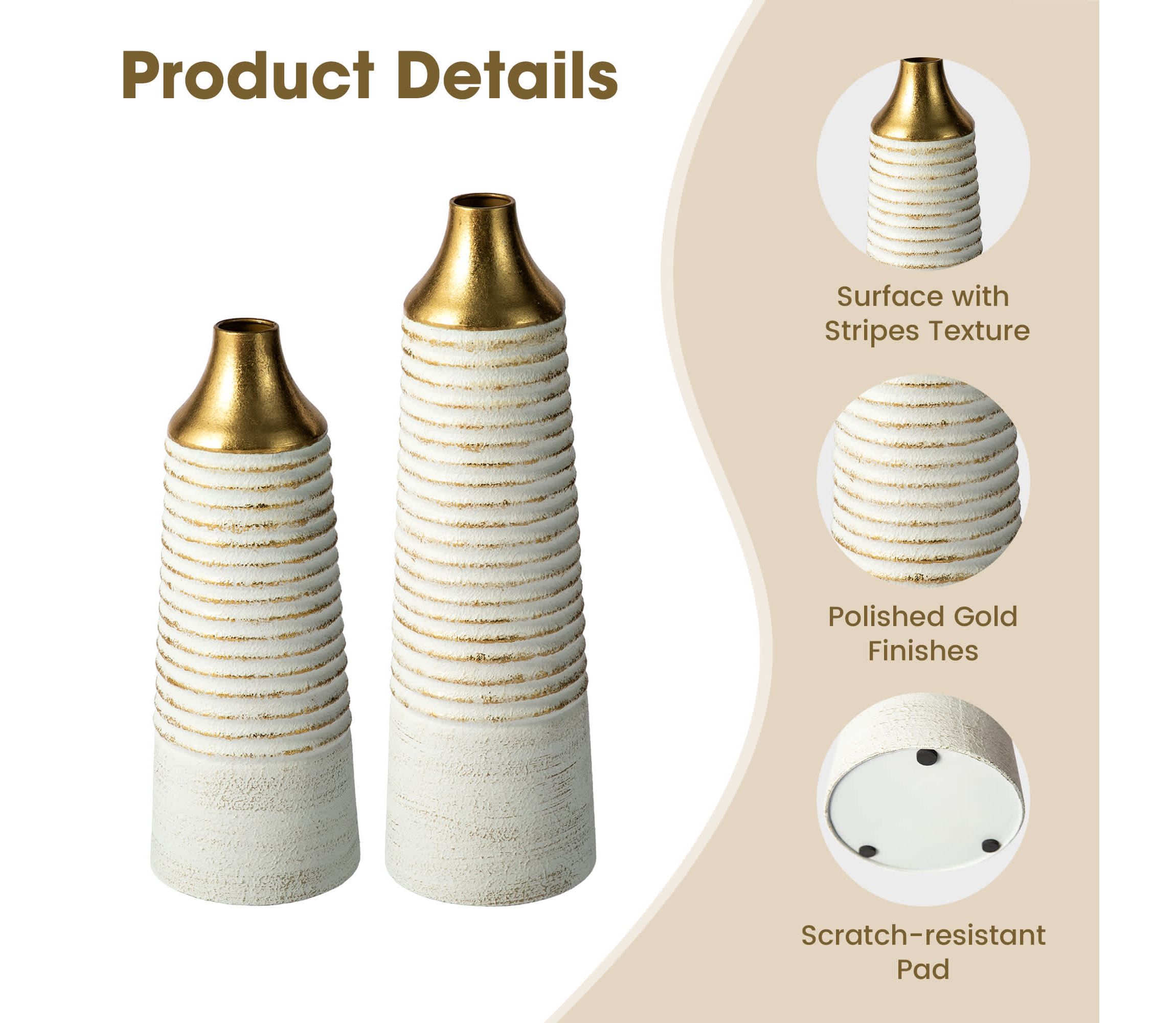 Set of 2 Modern White & Gold Stripes Metal Vases