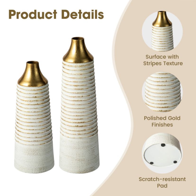 Set of 2 Modern White & Gold Stripes Metal Vases