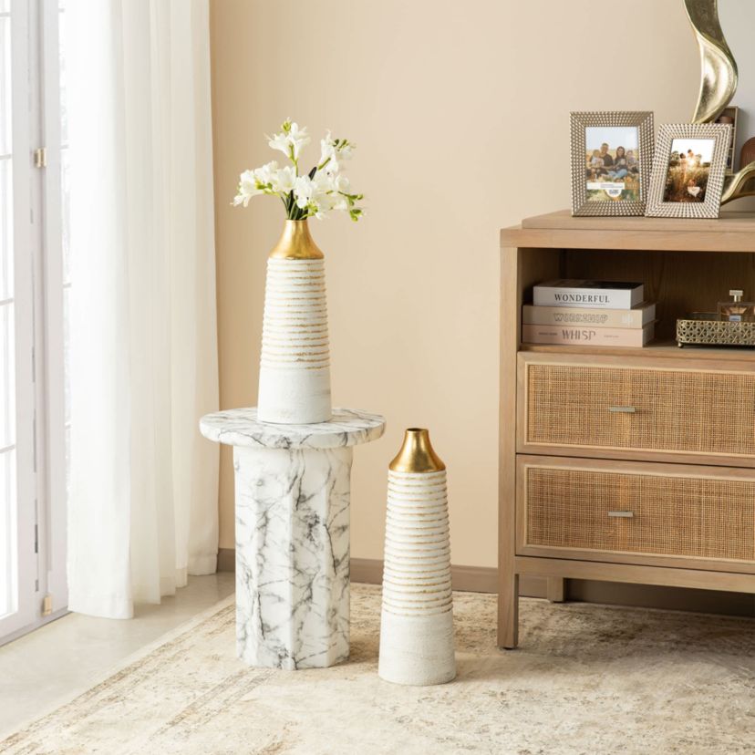 Set of 2 Modern White & Gold Stripes Metal Vases