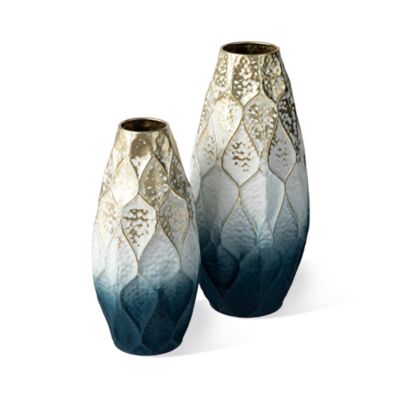 Glitzhome Set of 2 Abstract Ombre Blue and Gold Metal Vases | Belk