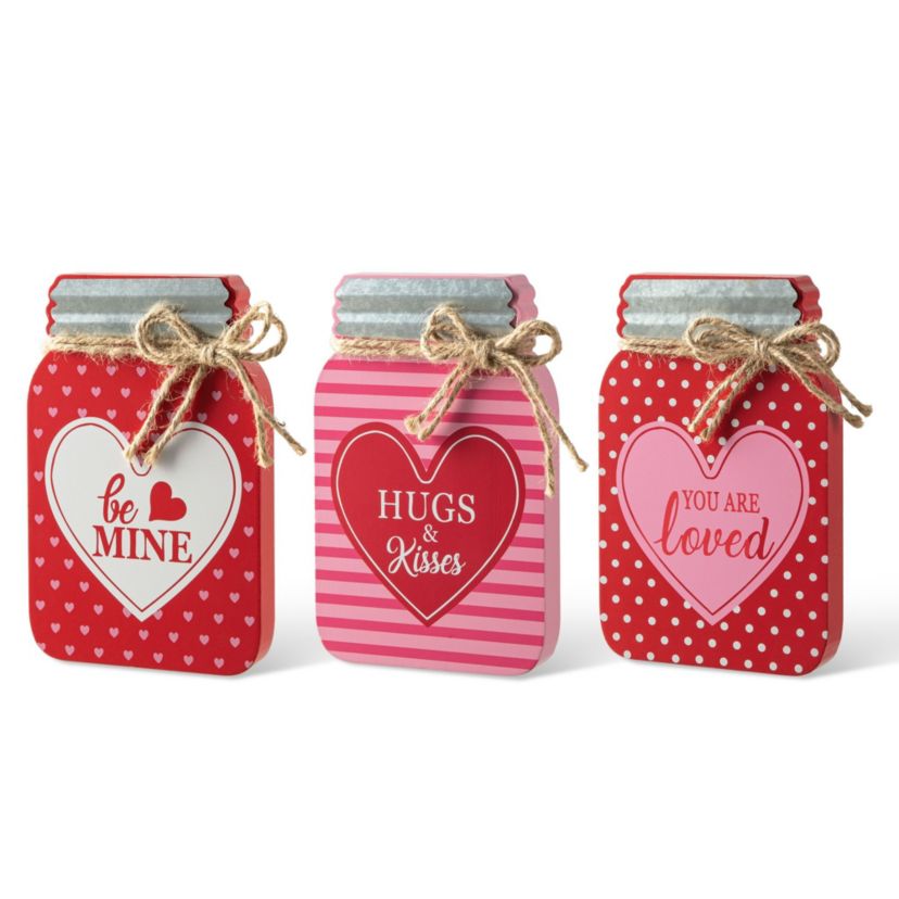 7"H Set of 3 Valentines Wooden Mason Jar Table Decor