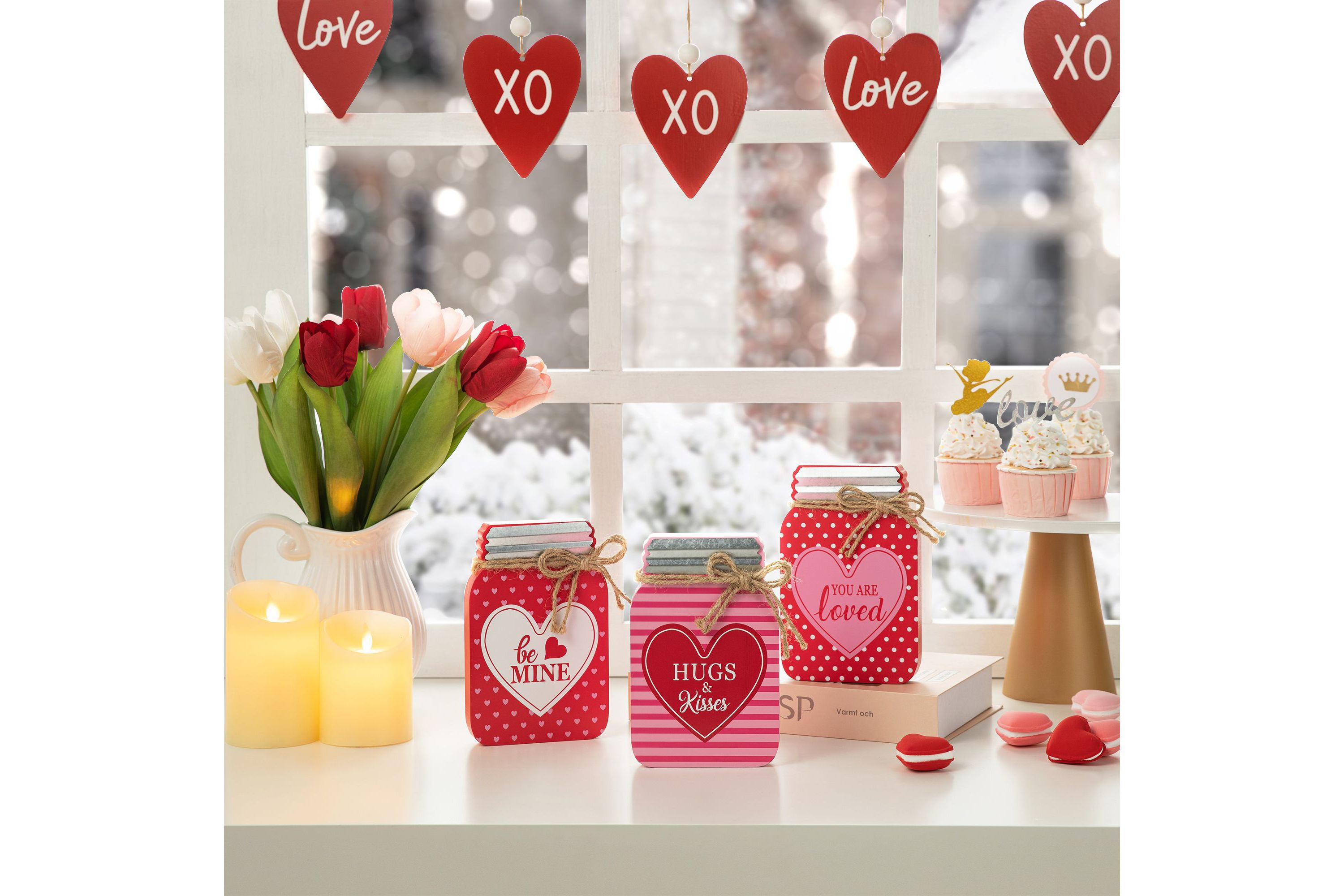 7"H Set of 3 Valentines Wooden Mason Jar Table Decor